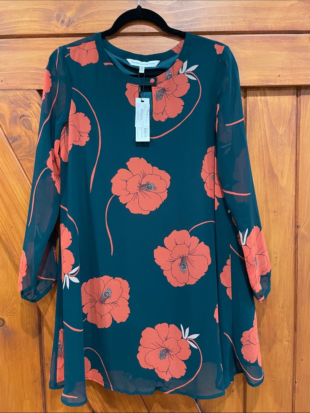 CUPCAKES AND CASHMERE Orange  Hunter Green Floral Knee-Length Swing Dress Sz XS